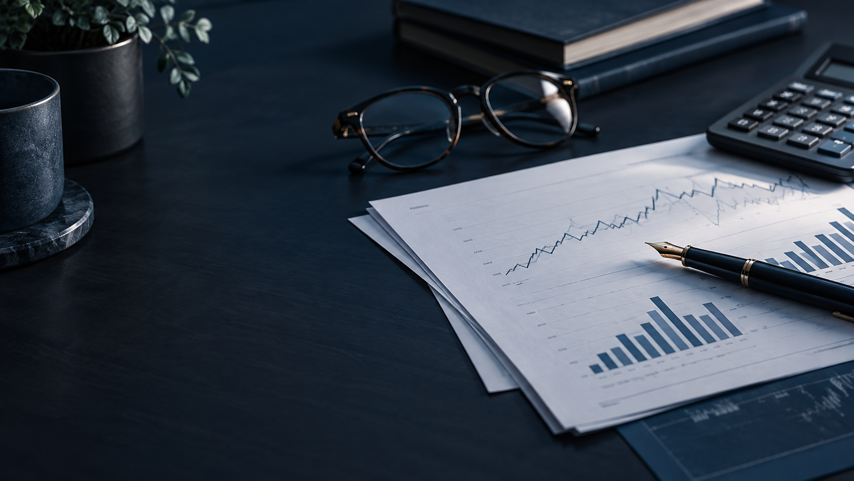 A moody, cinematic still life of a financial desk - glasses, notebook, calculator and pen resting on printed market charts
