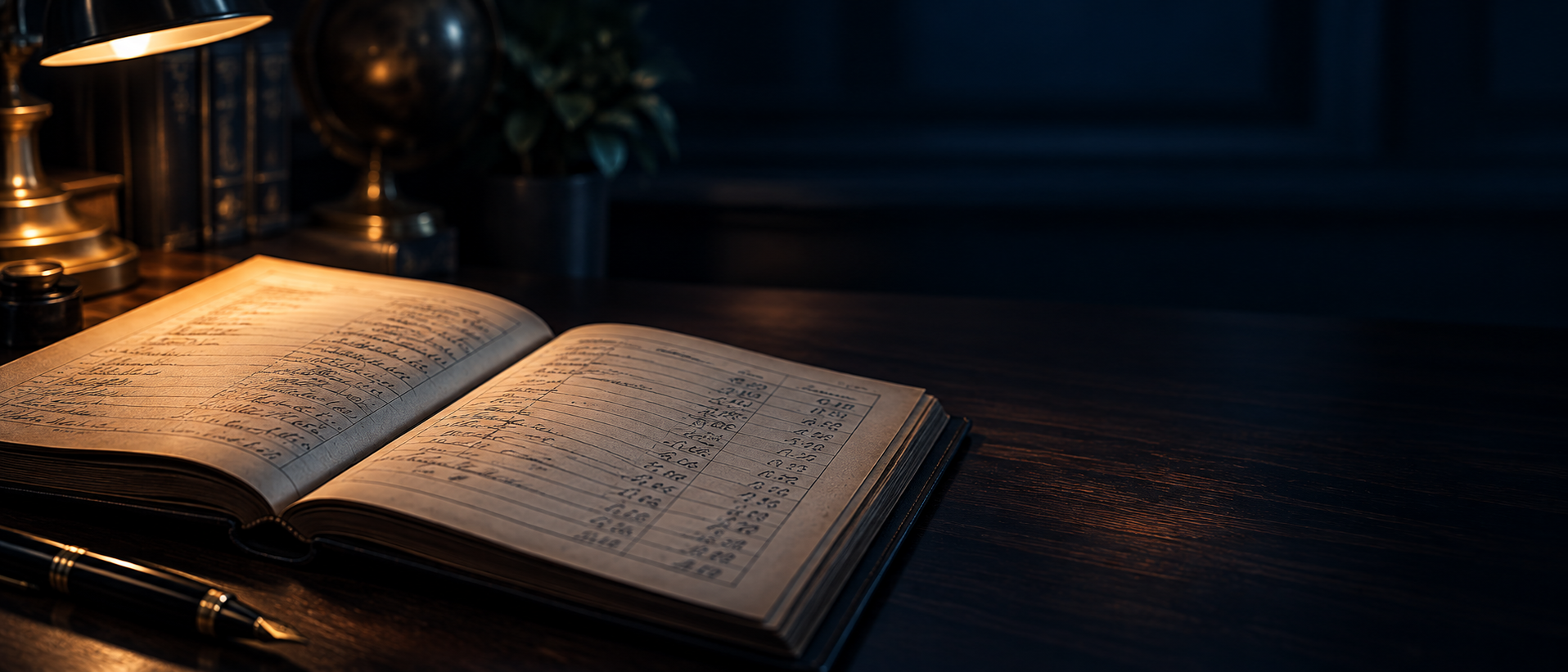 Close-up of an open antique ledger book with handwritten numbers, lit by a warm desk lamp against a dark navy background